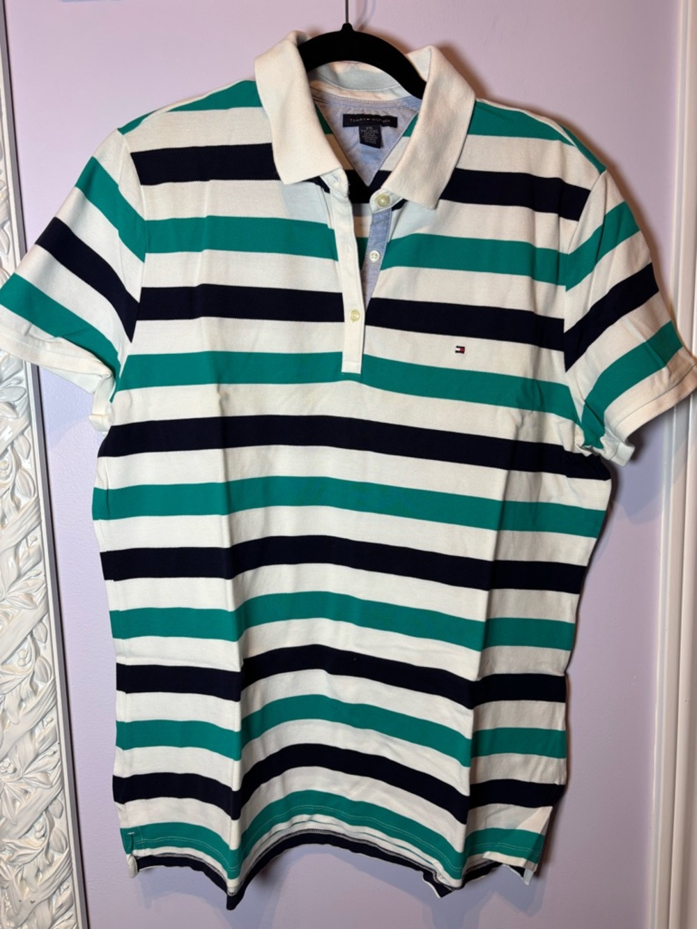 Tommy Hilfiger Teal, Navy & White Striped Polo Shirt Size XXL